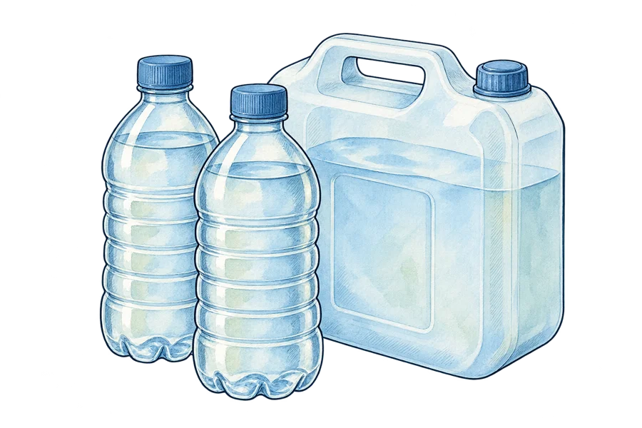 Farbige Strichzeichnung von Wasserflaschen und einem Trinkwasserkanister